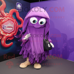 Purple Fried Calamari mascot costume character dressed with a Hoodie and Handbags