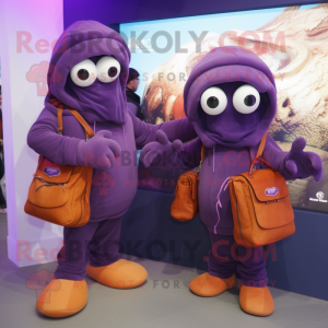 Purple Fried Calamari mascot costume character dressed with a Hoodie and Handbags