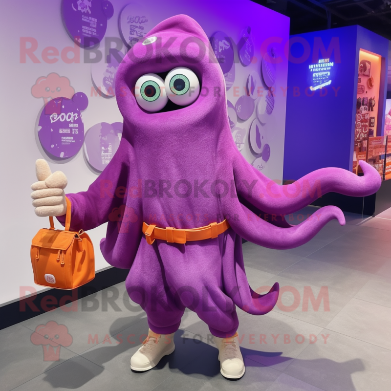 Purple Fried Calamari mascot costume character dressed with a Hoodie and Handbags