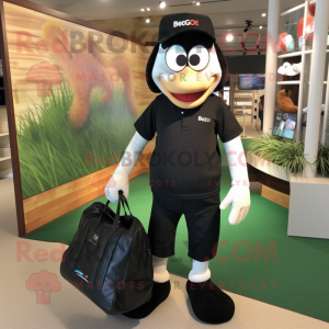 Black Aglet mascot costume character dressed with a Polo Shirt and Handbags