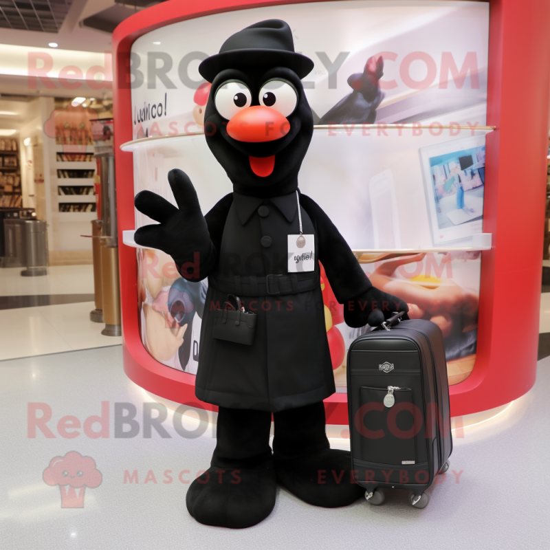 Black Aglet mascot costume character dressed with a Polo Shirt and Handbags Black Aglet mascot costume character dressed with a Polo Shirt and Handbags