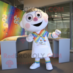 White Rainbow mascot costume character dressed with a Button-Up Shirt and Keychains