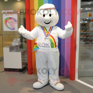 White Rainbow mascot costume character dressed with a Button-Up Shirt and Keychains