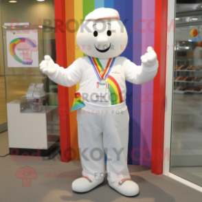 White Rainbow mascot costume character dressed with a Button-Up Shirt and Keychains