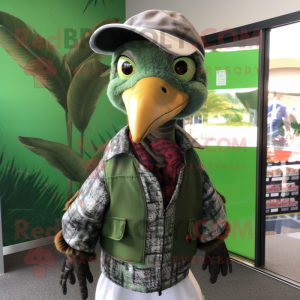 Green Guinea Fowl mascot costume character dressed with a Moto Jacket and Hats