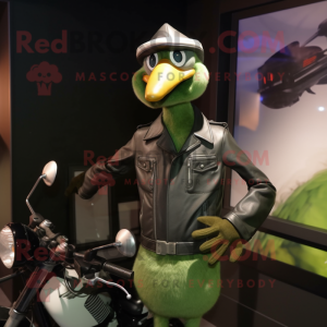 Green Guinea Fowl mascot costume character dressed with a Moto Jacket and Hats