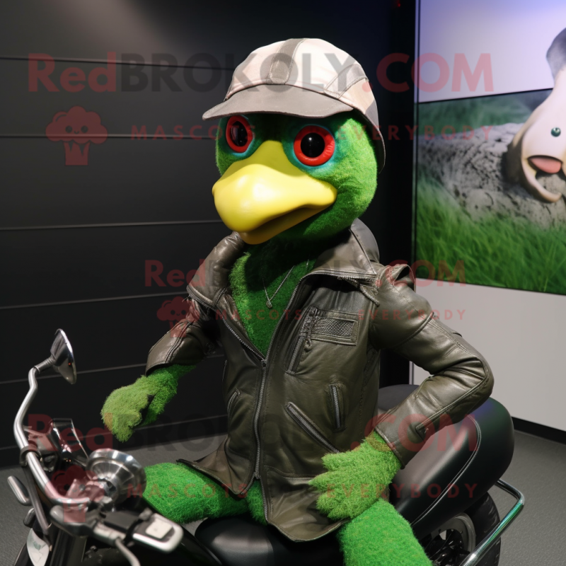 Green Guinea Fowl mascot costume character dressed with a Moto Jacket and Hats Green Guinea Fowl mascot costume character dressed with a Moto Jacket and Hats
