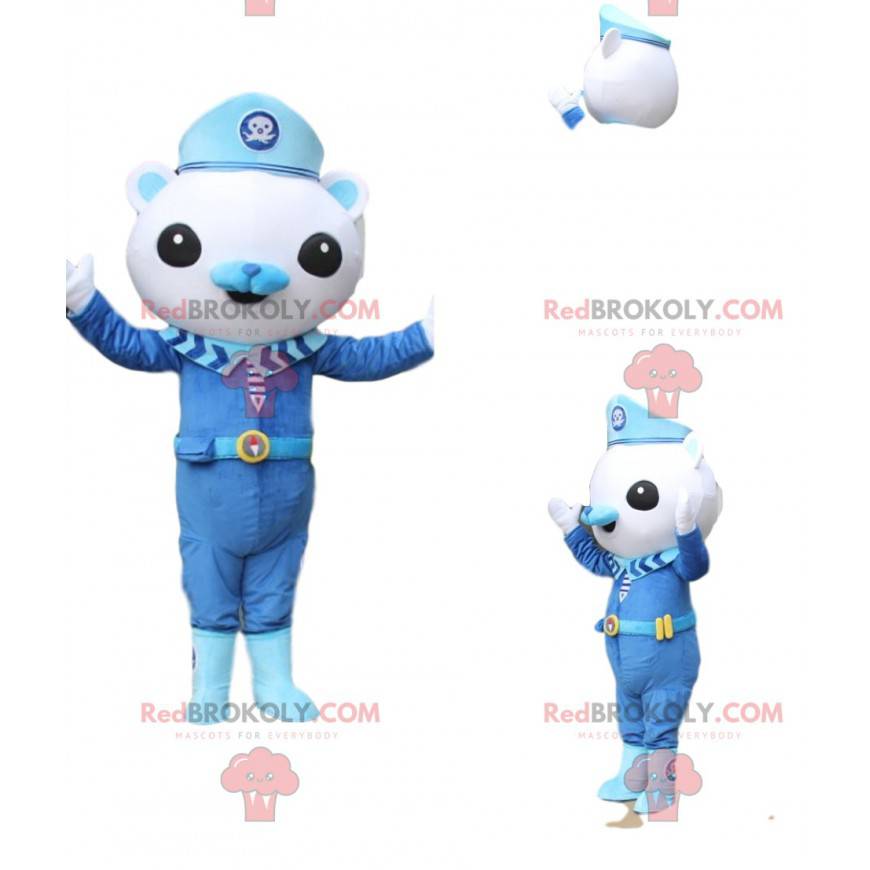 Kleine witte teddybeer mascotte met een kostuum van een Kleine witte teddybeer mascotte met een kostuum van een