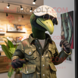 Green Guinea Fowl mascot costume character dressed with a Moto Jacket and Hats