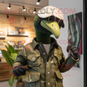 Green Guinea Fowl mascot costume character dressed with a Moto Jacket and Hats