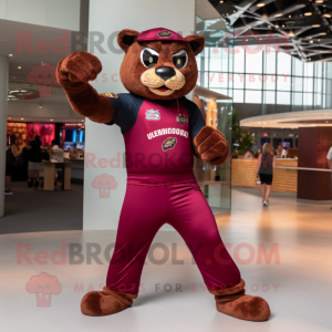 Maroon Panther mascot costume character dressed with a Graphic Tee and Suspenders