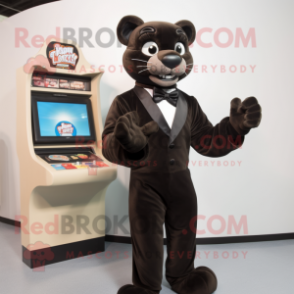 Brown Panther mascot costume character dressed with a Tuxedo and Gloves