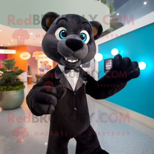 Brown Panther mascot costume character dressed with a Tuxedo and Gloves