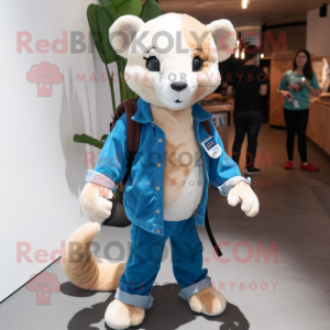 Cream Marten mascot costume character dressed with a Denim Shirt and Backpacks