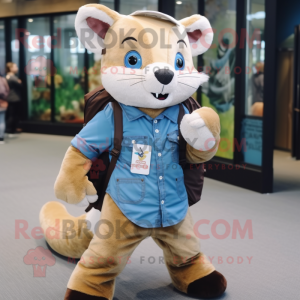 Cream Marten mascot costume character dressed with a Denim Shirt and Backpacks