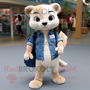 Cream Marten mascot costume character dressed with a Denim Shirt and Backpacks