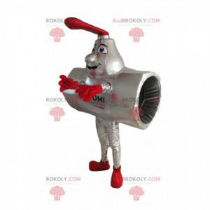 Mascotte de tuyau gris souriant avec un robinet rouge -