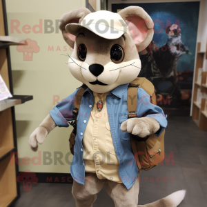 Cream Marten mascot costume character dressed with a Denim Shirt and Backpacks