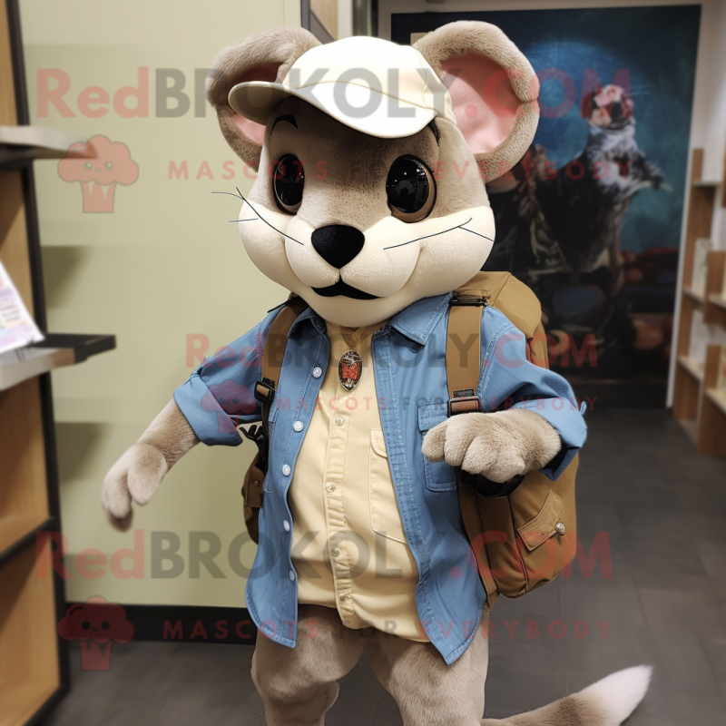 Cream Marten mascot costume character dressed with a Denim Shirt and Backpacks Cream Marten mascot costume character dressed with a Denim Shirt and Backpacks