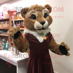 Brown Mountain Lion mascot costume character dressed with a Cocktail Dress and Shawl pins