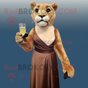 Brown Mountain Lion mascot costume character dressed with a Cocktail Dress and Shawl pins