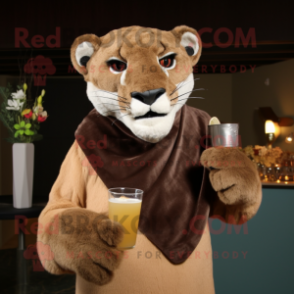 Brown Mountain Lion mascot costume character dressed with a Cocktail Dress and Shawl pins