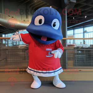 Red Blue Whale mascot costume character dressed with a Baseball Tee and Foot pads
