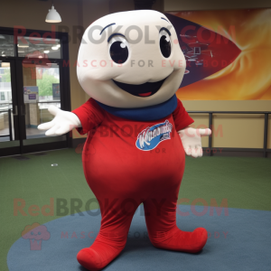 Red Blue Whale mascot costume character dressed with a Baseball Tee and Foot pads