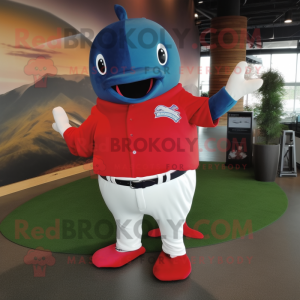 Red Blue Whale mascot costume character dressed with a Baseball Tee and Foot pads
