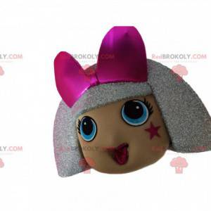 Girl mascot head with silver hair and a fuchsia bow -