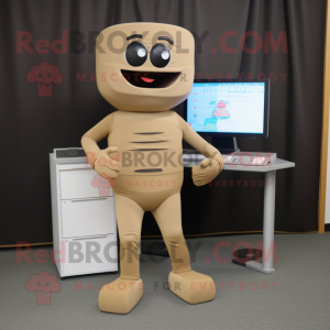 Tan Computer mascot costume character dressed with a Bodysuit and Shoe laces