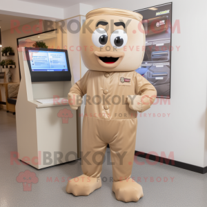 Tan Computer mascot costume character dressed with a Bodysuit and Shoe laces