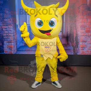 Lemon Yellow Devil mascot costume character dressed with a Boyfriend Jeans and Scarf clips