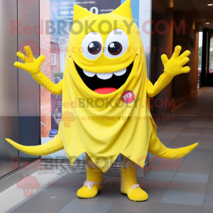 Lemon Yellow Devil mascot costume character dressed with a Boyfriend Jeans and Scarf clips