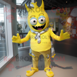 Lemon Yellow Devil mascot costume character dressed with a Boyfriend Jeans and Scarf clips
