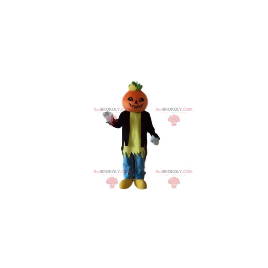 Mascotte de personnage avec une citrouille - Redbrokoly.com