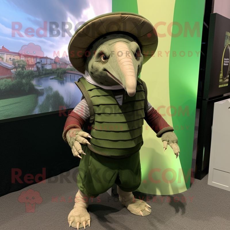 Green Armadillo mascot costume character dressed with a Tank Top and Hats