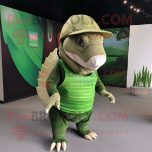 Green Armadillo mascot costume character dressed with a Tank Top and Hats