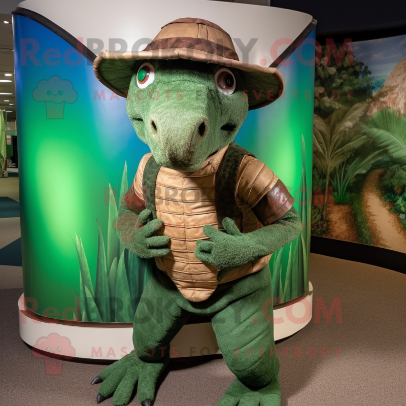 Green Armadillo mascot costume character dressed with a Tank Top and Hats