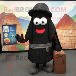 Black Shakshuka mascot costume character dressed with a Cardigan and Messenger bags