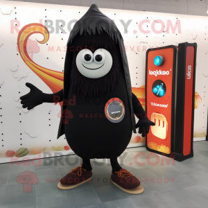 Black Shakshuka mascot costume character dressed with a Cardigan and Messenger bags