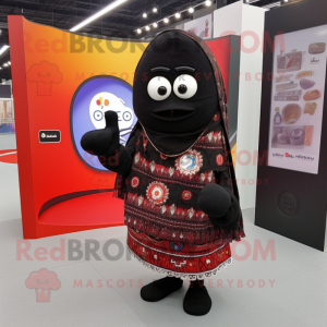 Black Shakshuka mascot costume character dressed with a Cardigan and Messenger bags