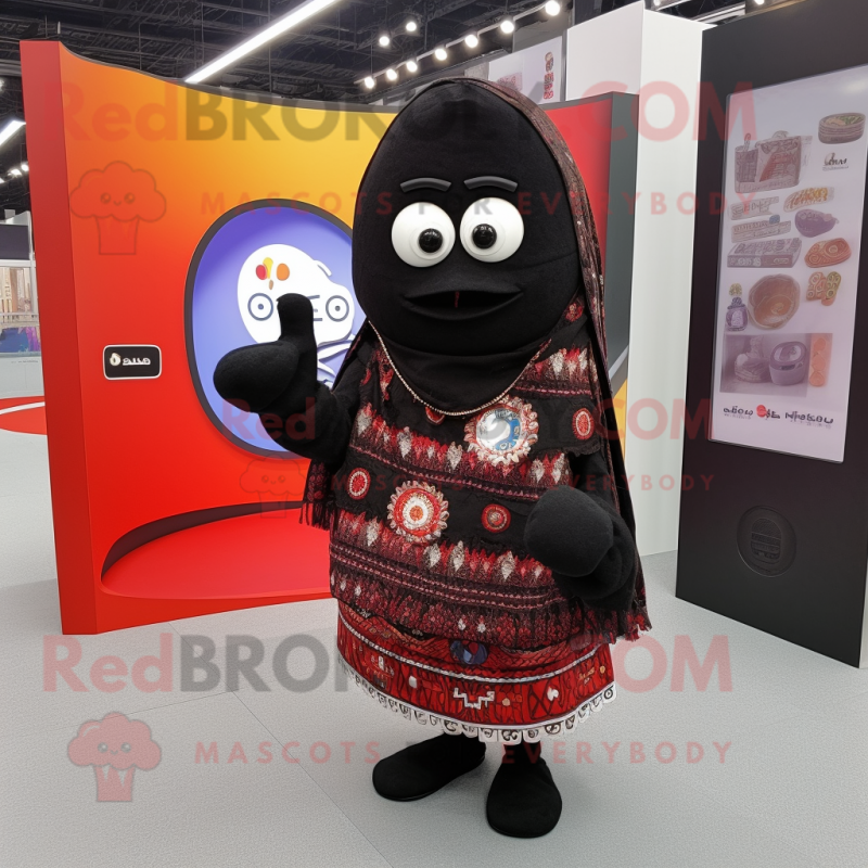 Black Shakshuka mascot costume character dressed with a Cardigan and Messenger bags Black Shakshuka mascot costume character dressed with a Cardigan and Messenger bags