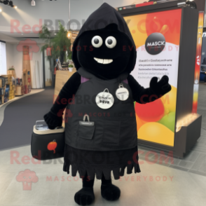 Black Shakshuka mascot costume character dressed with a Cardigan and Messenger bags