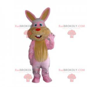 Roze en geel konijn mascotte met een kleine rode snuit -