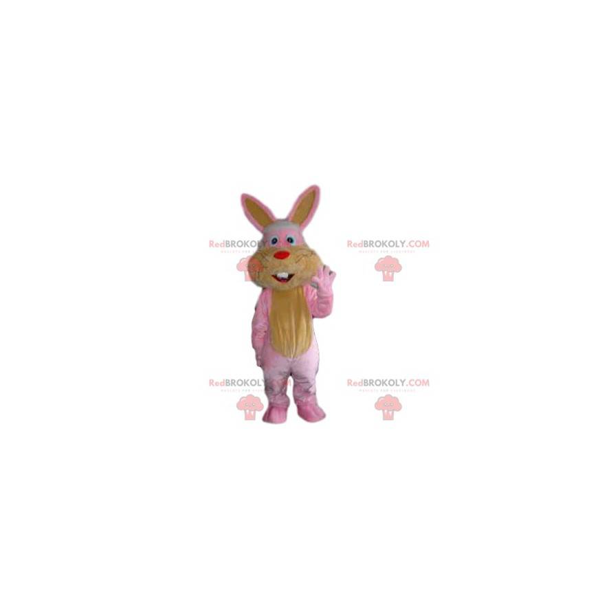 Mascotte coniglio rosa e giallo con un piccolo muso rosso -