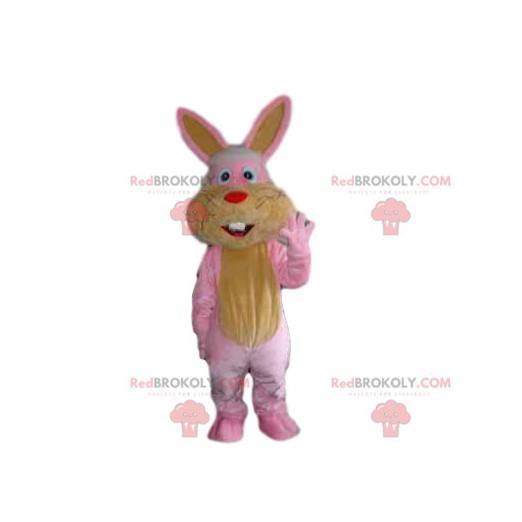 Mascota de conejo rosa y amarillo con un pequeño hocico rojo -