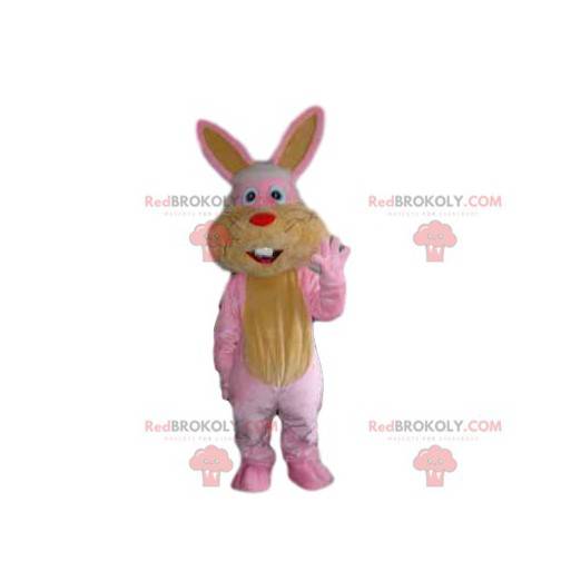 Mascotte de lapin rose et jaune avec un petit museau rouge -