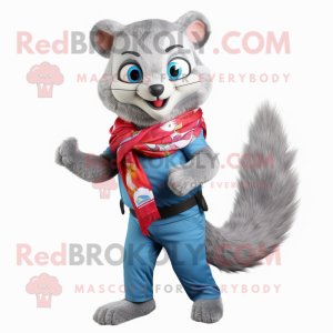 Silver Mongoose mascot costume character dressed with a Jeans and Scarves