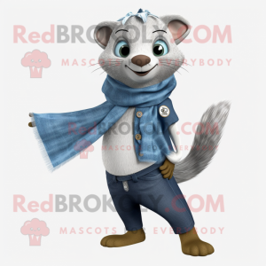 Silver Mongoose mascot costume character dressed with a Jeans and Scarves